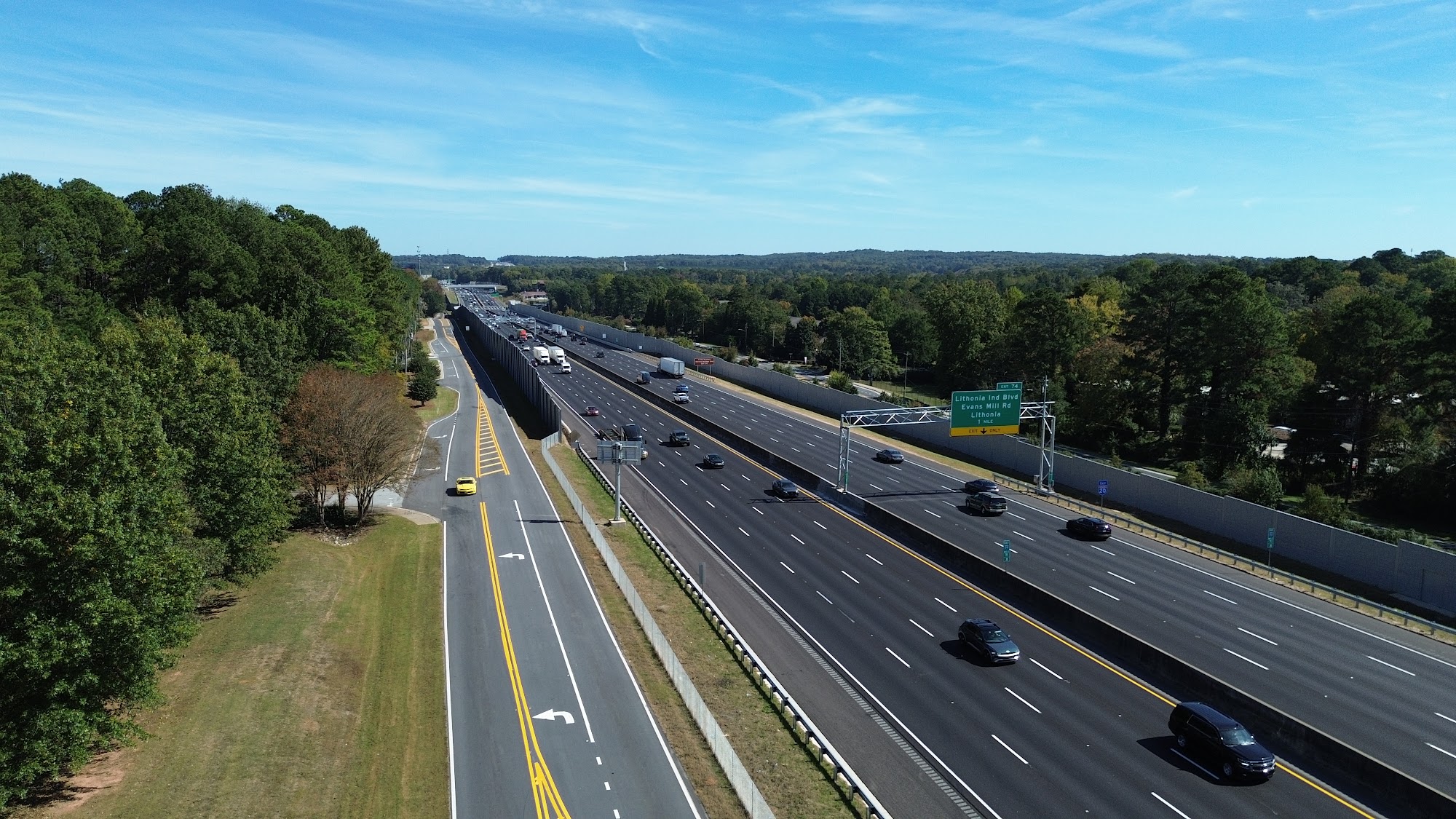 Aerial view of the I-285/I-20 corridor with sound walls in DeKalb County